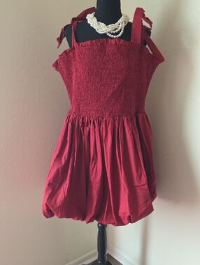 Red Smocked Bubble Dress with Tie Straps